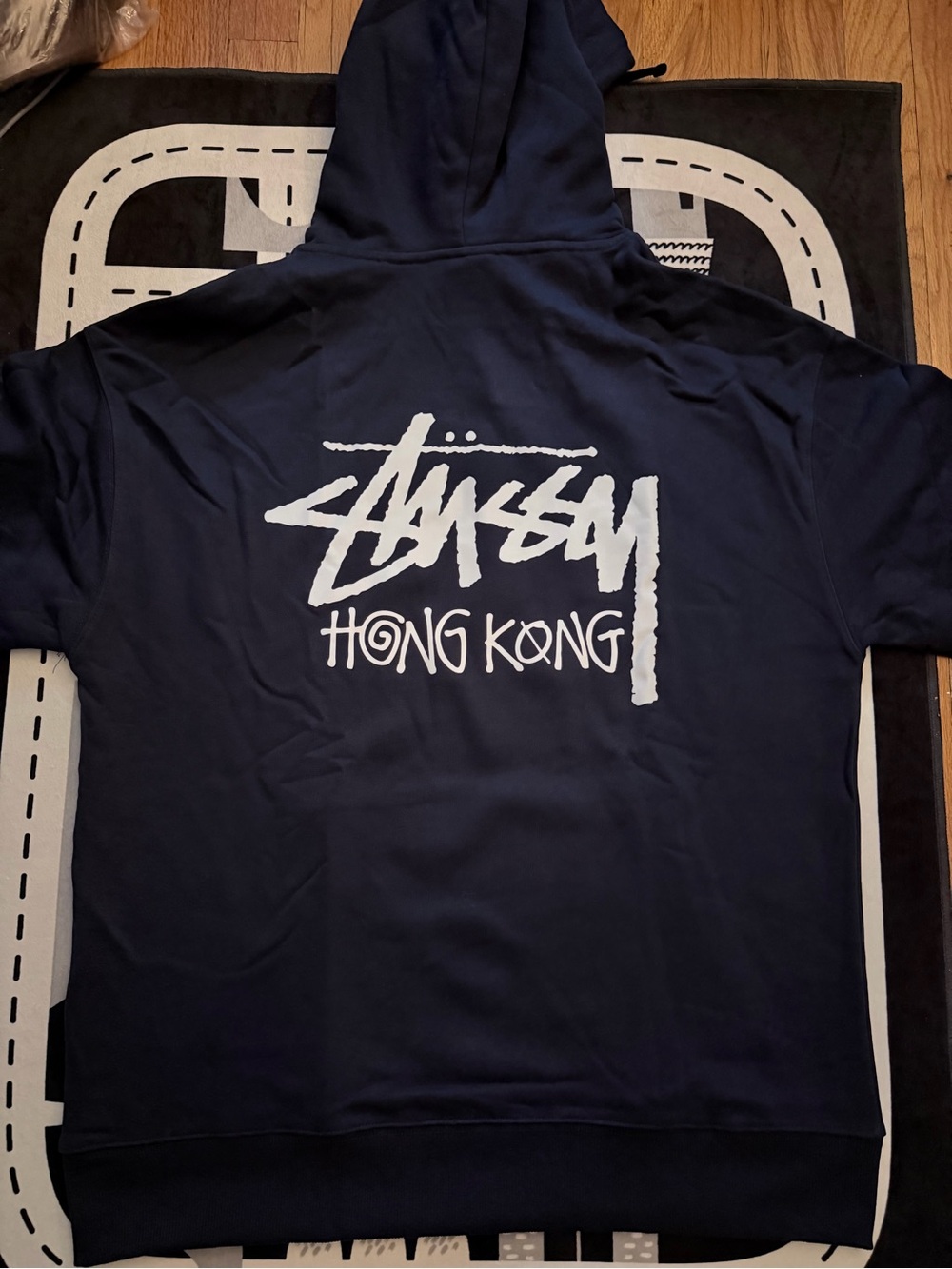 Stussy Navy Hoodie with White "Hong Kong" Back Graphic Size L